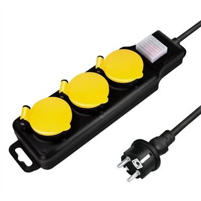 Multiprise 3PC noire capot jaune IP44 + inter cordon 3G1.5 mm² 1.5m