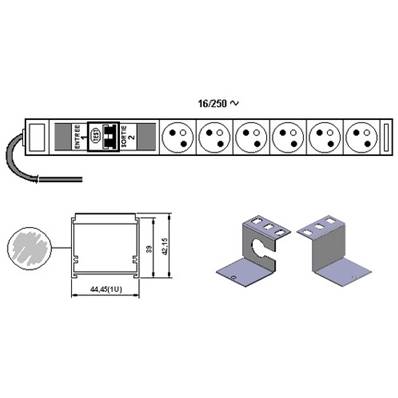 Réglette secteur 19" 6 PC 10/16A 230V + inter. diff. 25A-30mA +capot